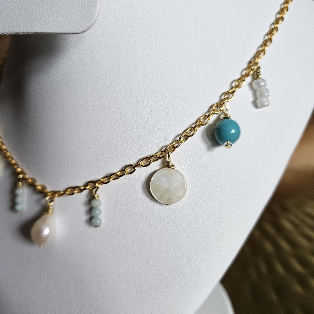 Beachy Seashell Gold and Turquoise Charm Necklace - Picture 2 of 6